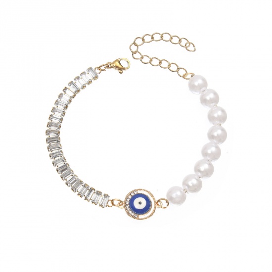 Picture of 304 Stainless Steel Bracelets Gold Plated Eye Clear Rhinestone Imitation Pearl 17cm(6 6/8") long, 1 Piece