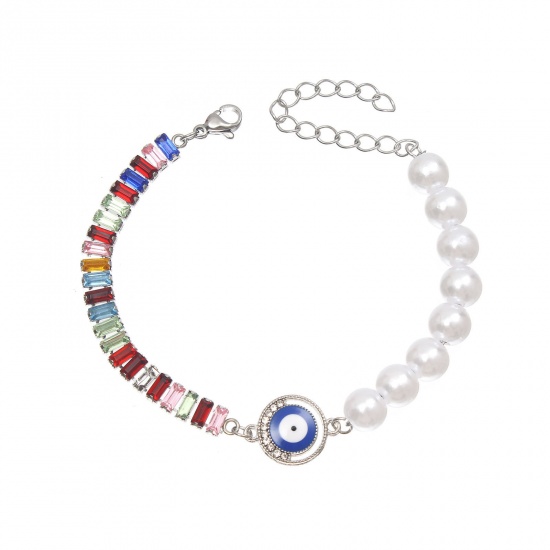 Picture of 304 Stainless Steel Bracelets Silver Tone Eye Multicolor Rhinestone Imitation Pearl 17cm(6 6/8") long, 1 Piece