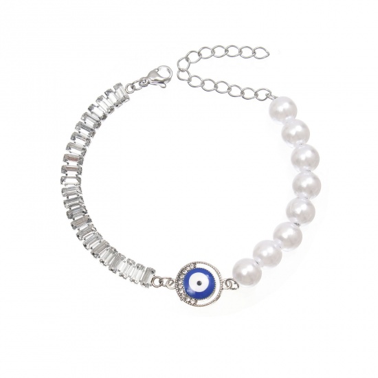Picture of 304 Stainless Steel Bracelets Silver Tone Eye Clear Rhinestone Imitation Pearl 17cm(6 6/8") long, 1 Piece
