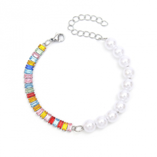 Picture of 304 Stainless Steel Bracelets Multicolor Rhinestone Imitation Pearl 17cm(6 6/8") long, 1 Piece