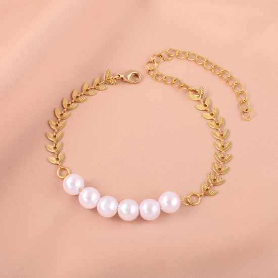 Picture of 304 Stainless Steel Bracelets Gold Plated Leaf Imitation Pearl 16cm(6 2/8") long, 1 Piece