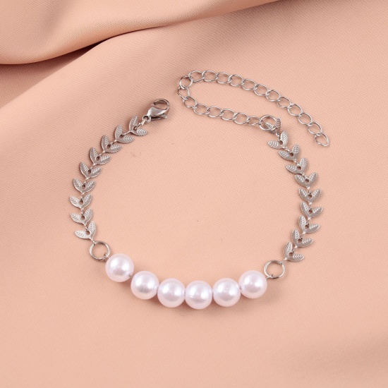 Picture of 304 Stainless Steel Bracelets Silver Tone Leaf Imitation Pearl 16cm(6 2/8") long, 1 Piece
