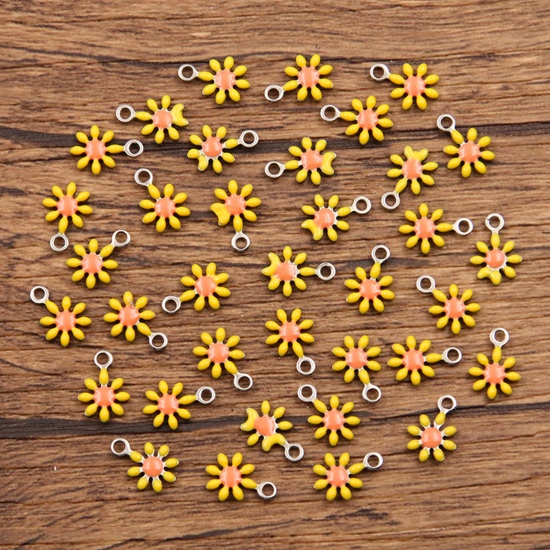 Picture of 304 Stainless Steel Flora Collection Charms Silver Tone Yellow Daisy Flower Enamel 10mm x 7mm, 10 PCs