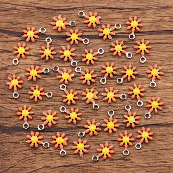 Picture of 304 Stainless Steel Flora Collection Charms Silver Tone Orange Daisy Flower Enamel 10mm x 7mm, 10 PCs