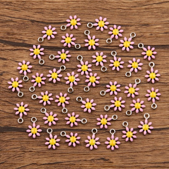 Picture of 304 Stainless Steel Flora Collection Charms Silver Tone Pink Daisy Flower Enamel 10mm x 7mm, 10 PCs