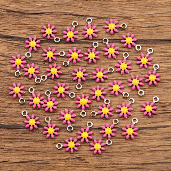 Picture of 304 Stainless Steel Flora Collection Charms Silver Tone Fuchsia Daisy Flower Enamel 10mm x 7mm, 10 PCs