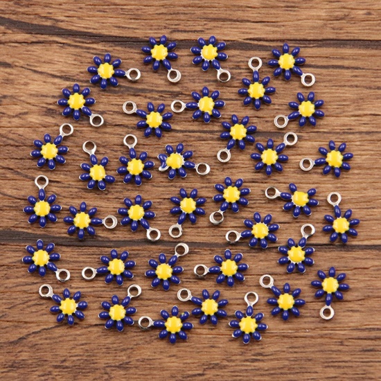 Picture of 304 Stainless Steel Flora Collection Charms Silver Tone Dark Blue Daisy Flower Enamel 10mm x 7mm, 10 PCs