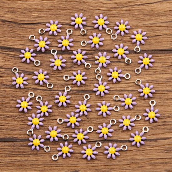 Picture of 304 Stainless Steel Flora Collection Charms Silver Tone Purple Daisy Flower Enamel 10mm x 7mm, 10 PCs