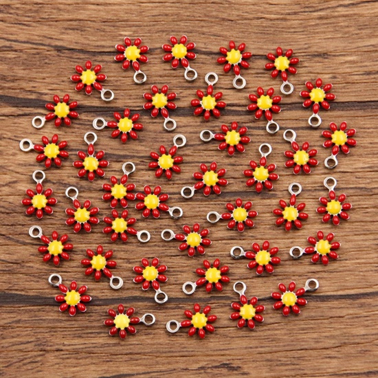 Picture of 304 Stainless Steel Flora Collection Charms Silver Tone Red Daisy Flower Enamel 10mm x 7mm, 10 PCs