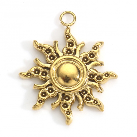 Picture of 3 PCs Eco-friendly PVD Vacuum Plating 304 Stainless Steel Galaxy Charms 18K Gold Plated Sun 20mm x 17mm