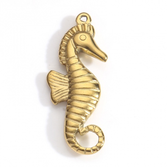 Immagine di 3 Pz Placcatura Sottovuoto PVD Ecologica 304 Acciaio Inossidabile Ciondoli Pendenti Cavalluccio Marino Placcato Oro 18K 3D 3cm x 1.2cm