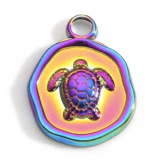 Bild von 304 Edelstahl Ozean Schmuck Charms Unregelmäßig Regenbogenfarbe Plattiert Schildkröte 16.5mm x 13mm, 3 Stück