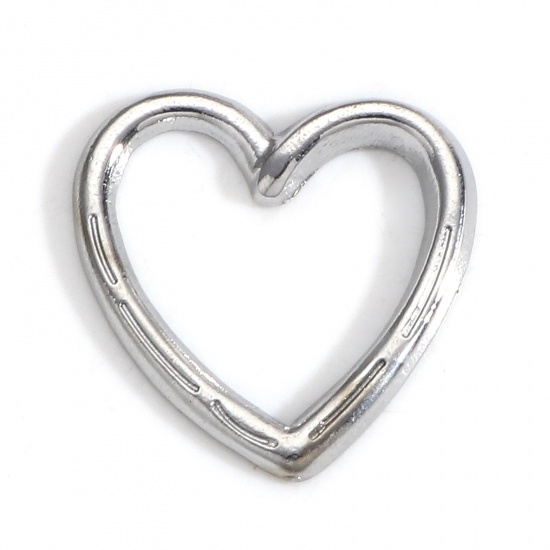Picture of 304 Stainless Steel Valentine's Day Connectors Charms Pendants Silver Tone Heart Hollow 16mm x 16mm, 5 PCs