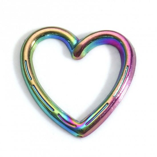 Picture of 5 PCs Vacuum Plating 304 Stainless Steel Valentine's Day Connectors Charms Pendants Rainbow Color Plated Heart Hollow 16mm x 16mm