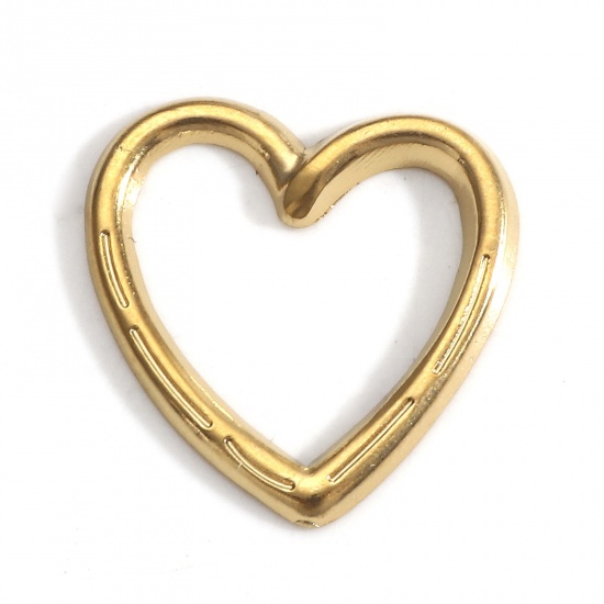Picture of 5 PCs Vacuum Plating 304 Stainless Steel Valentine's Day Connectors Charms Pendants 18K Gold Plated Heart Hollow 16mm x 16mm