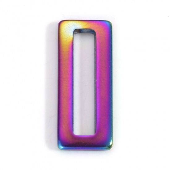 Picture of 304 Stainless Steel Geometry Series Connectors Charms Pendants Rainbow Color Plated Rectangle Hollow 20mm x 8mm, 5 PCs