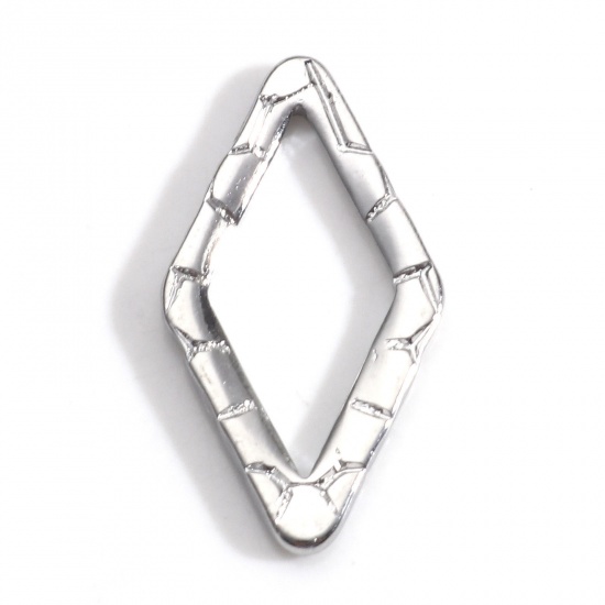 Picture of 304 Stainless Steel Geometry Series Connectors Charms Pendants Silver Tone Rhombus Crackle 24mm x 13mm, 5 PCs