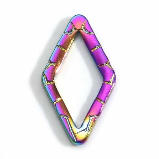 Picture of 304 Stainless Steel Geometry Series Connectors Charms Pendants Rainbow Color Plated Rhombus Crackle 24mm x 13mm, 5 PCs