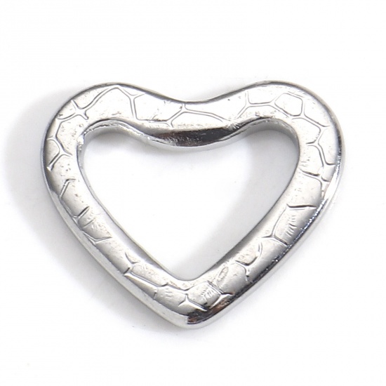 Picture of 304 Stainless Steel Valentine's Day Connectors Charms Pendants Silver Tone Heart Crackle 14mm x 12mm, 5 PCs