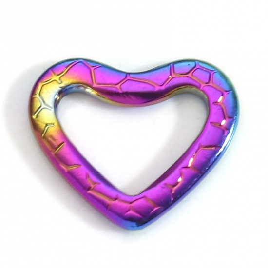 Picture of 304 Stainless Steel Valentine's Day Connectors Charms Pendants Rainbow Color Plated Heart Crackle 14mm x 12mm, 5 PCs