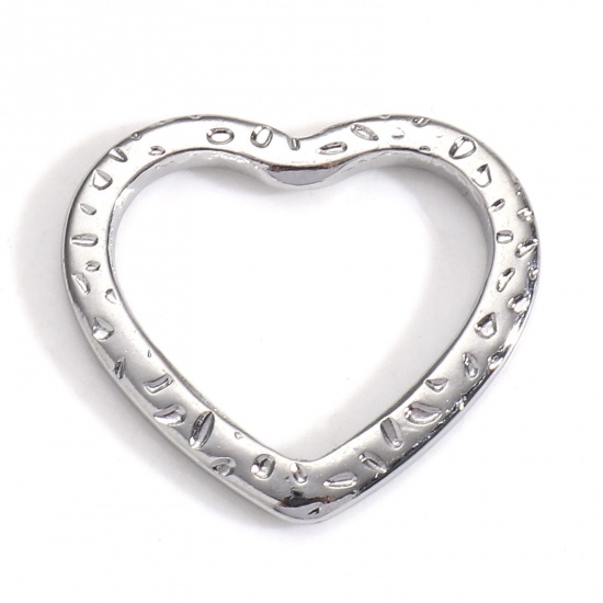 Picture of 304 Stainless Steel Valentine's Day Connectors Charms Pendants Silver Tone Heart Crackle 18mm x 16mm, 5 PCs