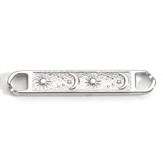 Picture of 304 Stainless Steel Galaxy Connectors Charms Pendants Silver Tone Rectangle Sun & Moon 4.2cm x 0.7cm, 3 PCs