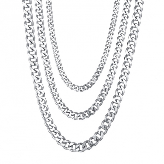 Picture of 304 Stainless Steel Cuban Link Chain Necklace For DIY Jewelry Making Silver Tone 60cm(23 5/8") long, Chain Size: 3mm, 1 Piece