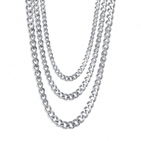 Picture of 304 Stainless Steel Cuban Link Chain Necklace For DIY Jewelry Making Silver Tone 50cm(19 5/8") long, Chain Size: 5mm, 1 Piece