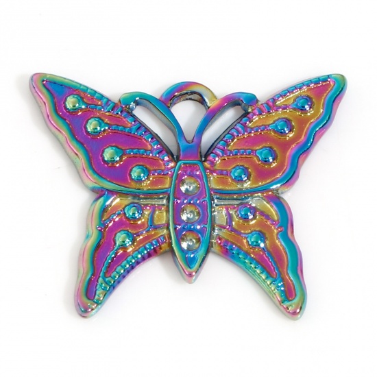 Immagine di Placcatura Sottovuoto PVD Ecologica 304 Acciaio Inossidabile Insetto Charms Farfalla Colore Arcobaleno Placcato ss4 Adatto Strass Indietro) 24.5mm x 20mm, 3 Pz
