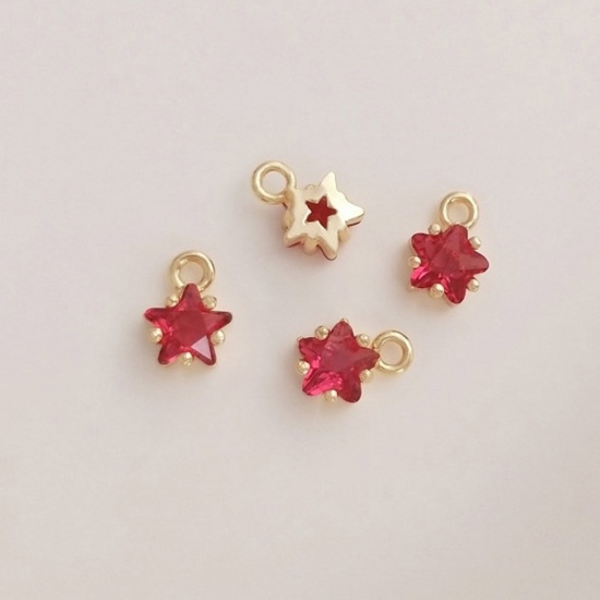 Picture of 2 PCs Brass Birthstone Charms 14K Real Gold Plated Star January Wine Red Cubic Zirconia 7.5mm x 5mm