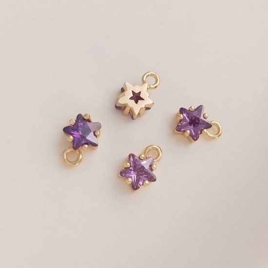 Picture of 2 PCs Brass Birthstone Charms 14K Real Gold Plated Star February Purple Cubic Zirconia 7.5mm x 5mm