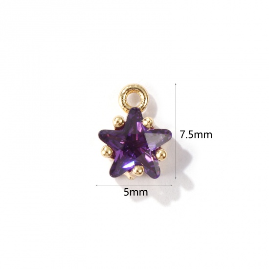 Imagen de 2 Unidades Latón piedra del zodíaco Colgantes Charms Estrella 14K Oro Real Chappado Febrero Púrpura Circón Artificial 7.5mm x 5mm