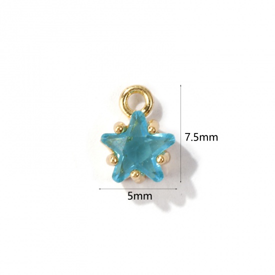 Imagen de 2 Unidades Latón piedra del zodíaco Colgantes Charms Estrella 14K Oro Real Chappado Marzo Verdemar Circón Artificial 7.5mm x 5mm