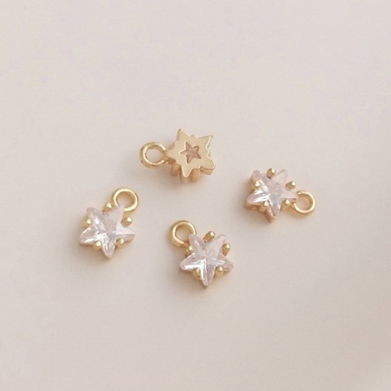 Picture of 2 PCs Brass Birthstone Charms 14K Real Gold Plated Star April Clear Cubic Zirconia 7.5mm x 5mm