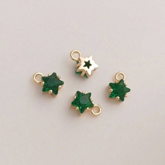 Picture of 2 PCs Brass Birthstone Charms 14K Real Gold Plated Star May Emerald Cubic Zirconia 7.5mm x 5mm