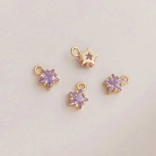 Picture of 2 PCs Brass Birthstone Charms 14K Real Gold Plated Star June Mauve Cubic Zirconia 7.5mm x 5mm