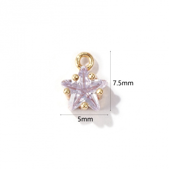 Imagen de 2 Unidades Latón piedra del zodíaco Colgantes Charms Estrella 14K Oro Real Chappado Junio Púrpura Claro Circón Artificial 7.5mm x 5mm