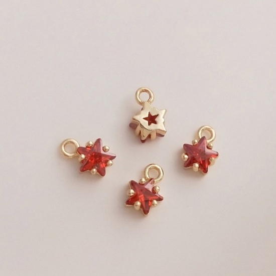 Picture of 2 PCs Brass Birthstone Charms 14K Real Gold Plated Star July Red Cubic Zirconia 7.5mm x 5mm