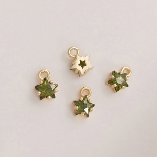 Picture of 2 PCs Brass Birthstone Charms 14K Real Gold Plated Star August Olive Green Cubic Zirconia 7.5mm x 5mm