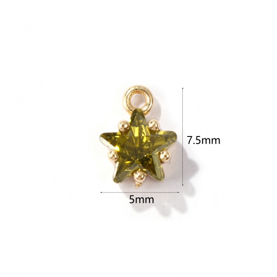 Imagen de 2 Unidades Latón piedra del zodíaco Colgantes Charms Estrella 14K Oro Real Chappado Agosto Verde Olivo Circón Artificial 7.5mm x 5mm