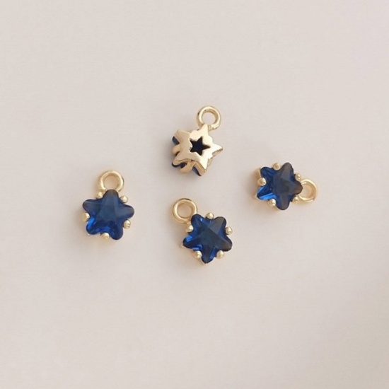 Picture of 2 PCs Brass Birthstone Charms 14K Real Gold Plated Star September Royal Blue Cubic Zirconia 7.5mm x 5mm