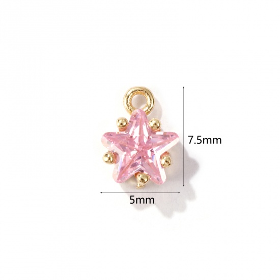Imagen de 2 Unidades Latón piedra del zodíaco Colgantes Charms Estrella 14K Oro Real Chappado Octubre Rosa Claro Circón Artificial 7.5mm x 5mm
