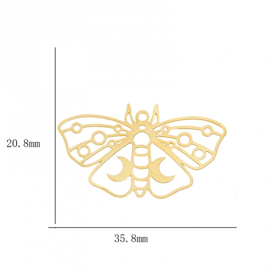 2 個 真鍮 透かしパーツ ペンダント ナチュラル メッキなし 蝶 ムーン フィリグリー 3.6cm x 2.1cm                                                                                                                                                                                                     の画像
