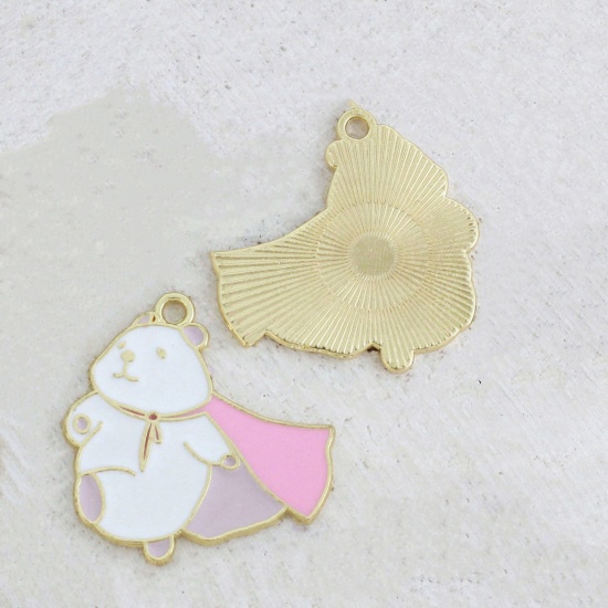 Picture of Zinc Based Alloy Charms KC Gold Plated White & Pink Bear Animal Enamel 15mm x 15mm, 5 PCs