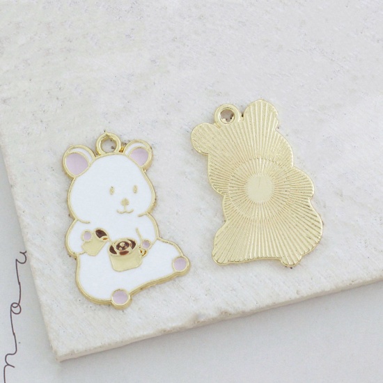 Picture of Zinc Based Alloy Charms KC Gold Plated White Bear Animal Enamel 16mm x 10mm, 5 PCs
