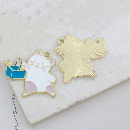 Picture of Zinc Based Alloy Charms KC Gold Plated White Cat Animal Enamel 15mm x 14mm, 5 PCs