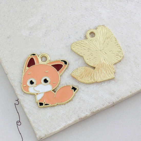 Picture of 5 PCs Zinc Based Alloy Charms KC Gold Plated Orange Fox Animal Enamel 25mm x 25mm