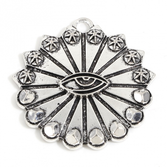 Picture of Zinc Based Alloy Boho Chic Bohemia Pendants Antique Silver Color Flower Eye of Providence/ All-seeing Eye 3.9cm x 3.8cm, 5 PCs