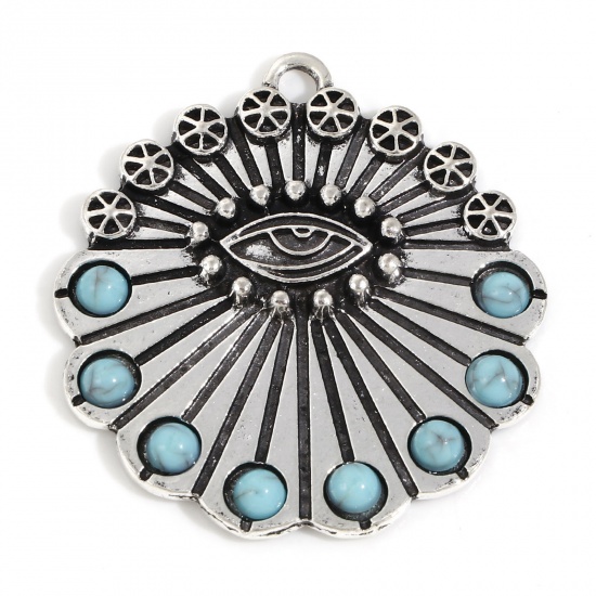 Picture of Zinc Based Alloy Boho Chic Bohemia Pendants Antique Silver Color Green Blue Eye of Providence/ All-seeing Eye With Resin Cabochons Imitation Turquoise 3.9cm x 3.7cm, 5 PCs