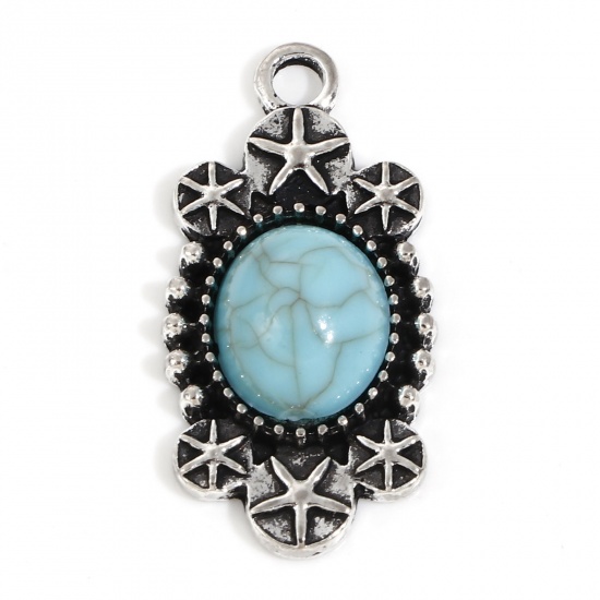 Picture of Zinc Based Alloy Boho Chic Bohemia Pendants Antique Silver Color Green Blue Oval Star Fish With Resin Cabochons Imitation Turquoise 3.1cm x 1.6cm, 5 PCs